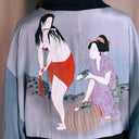 Reversible Black Silk Kimono Jacket, Hand-Printed Ukiyo-e Beauties