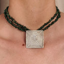 Greek Silver Labyrinth Pendant Necklace, Green Stone Beaded Collar