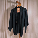 Vintage Black Silk Haori Kimono Jacket, Peach Lining, Bamboo Print