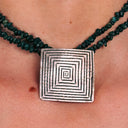 Greek Silver Labyrinth Pendant Necklace, Green Stone Beaded Collar