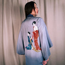 Rare Vintage Long Silk Kimono Robe, Ukiyo-e Geisha Scene, Utamaro