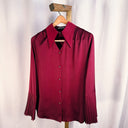 Lichi Burgundy Satin Blouse with Retro Point Collar & Pleated Bell Cuffs