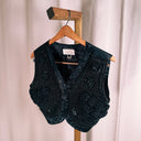 Cache Black Embroidered & Beaded Satin Cropped Vest