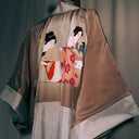 Vintage Silk Haori Kimono Robe, Mature Shunga Print, Champagne & Cream