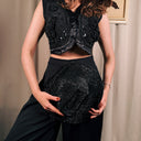 Cache Black Embroidered & Beaded Satin Cropped Vest