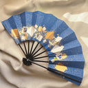 1980s Japanese Metallic Geometric Folding Sensu Hand Fan, Blue & Gold