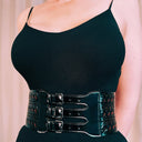 Alaïa Laser-Cut Leather Corset Belt, Wide Black Triple-Buckle Waspie
