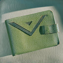 Vintage 50s Green Pebbled Leather Bifold Wallet, Chevron Emblem