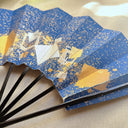1980s Japanese Metallic Geometric Folding Sensu Hand Fan, Blue & Gold
