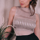 Vintage Champagne Pleated Satin Accordion Mock Neck Sleeveless Top