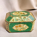 Vintage English Chinoiserie Tin, Green & Gilt Octagonal Tea Box