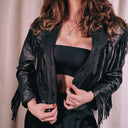 Vintage Black Leather Fringe Jacket, Cropped Western Cheetah Print Moto