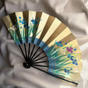 1980s Japanese Folding Fan, Blue Iris & Gold, Hand-Painted