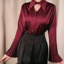 Lichi Burgundy Satin Blouse with Retro Point Collar & Pleated Bell Cuffs