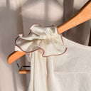 Cream Off-Shoulder Ruffle Cropped Blouse, Picot Trim Peasant Top