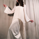 Lichi Cream Two Piece Dress, Draped Top Coat and Elegant Slip