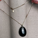 1940s-50s Citation Jet Black Glass Lily Pendant on Gold Heart-Linked Chain