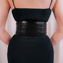Alaïa Laser-Cut Leather Corset Belt, Wide Black Triple-Buckle Waspie