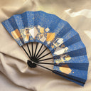 1980s Japanese Metallic Geometric Folding Sensu Hand Fan, Blue & Gold