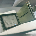 Vintage 50s Green Pebbled Leather Bifold Wallet, Chevron Emblem
