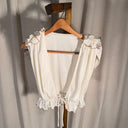 Cream Off-Shoulder Ruffle Cropped Blouse, Picot Trim Peasant Top