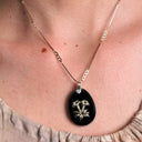 1940s-50s Citation Jet Black Glass Lily Pendant on Gold Heart-Linked Chain
