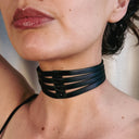 Handmade Black Leather Strappy Choker, NYC Designer, Adjustable Collar