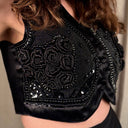 Cache Black Embroidered & Beaded Satin Cropped Vest