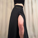1970s Black Corset Waist Midi Skirt, High Thigh Slit (XS/S)