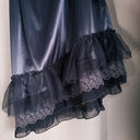 90s Korean Blue-Gray Satin Slip Dress with Ruffled Lace Trim