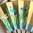1980s Japanese Folding Fan, Blue Iris & Gold, Hand-Painted