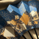 1980s Japanese Metallic Geometric Folding Sensu Hand Fan, Blue & Gold