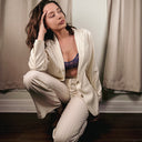 Cream Pinstripe Tailored Two Piece Suit by Lichi, Blazer & High Waist Trousers