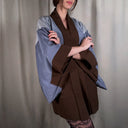 Vintage Silk & Linen Haori Jacket, Brown & Blue Color Block, Sapphic Ukiyo-e