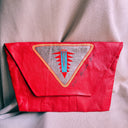 1985 Melinda Barber Red Leather Envelope Clutch, Southwestern Appliqué