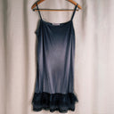 90s Korean Blue-Gray Satin Slip Dress with Ruffled Lace Trim