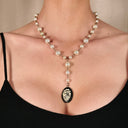 Parisian Pearl Beaded Necklace with Black Oval Cameo Anatomical Heart Pendant