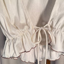 Cream Off-Shoulder Ruffle Cropped Blouse, Picot Trim Peasant Top