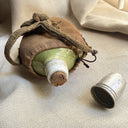 1900s–1920s Japanese Sakebin, Celadon-Glazed Flask in Hemp Sling, Nanaga City