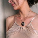 1940s-50s Citation Jet Black Glass Lily Pendant on Gold Heart-Linked Chain