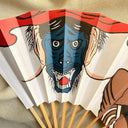 Cheeky Japanese Fertility Festival Folding Fan, Tengu Mask & Calligraphy