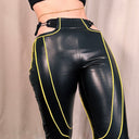 Liquid Faux-Leather Moto Leggings, Black with Lime Contrast Piping