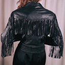 Vintage Black Leather Fringe Jacket, Cropped Western Cheetah Print Moto