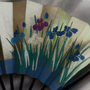 1980s Japanese Folding Fan, Blue Iris & Gold, Hand-Painted