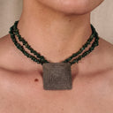 Greek Silver Labyrinth Pendant Necklace, Green Stone Beaded Collar