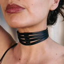 Handmade Black Leather Strappy Choker, NYC Designer, Adjustable Collar