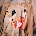 Vintage Silk Haori Kimono Robe, Mature Shunga Print, Champagne & Cream