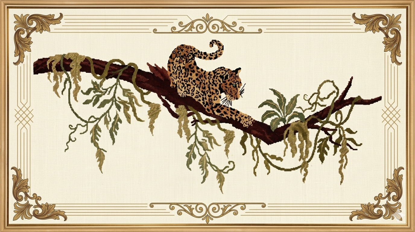 Textile artwork of a leopard among foliage